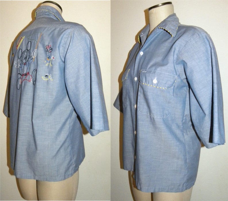 1970s 70s Embroidered Mickey Mouse Boyfriend Shirt Hand Embroidered Big Mac Chambray Work Shirt Disney Characters 40 chest