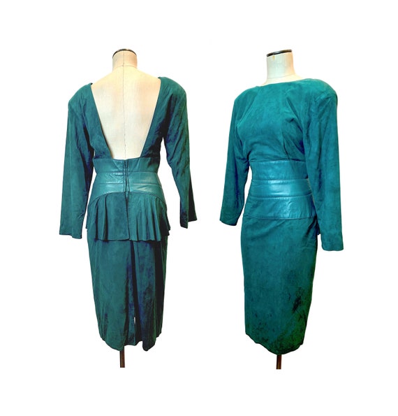 80s Ultra Soft Kid SUEDE Dress | Teal Leather Cor… - image 1