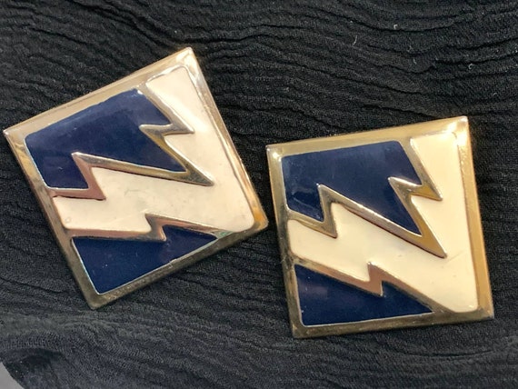 80s Large Lightning Bolt Earrings | Dk Blue Cream… - image 4