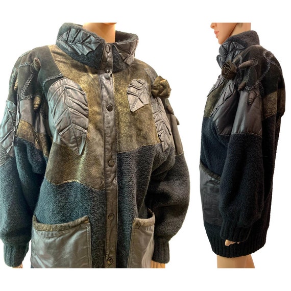 80s Avant Gardé Sweater Coat w Leather & Suede | … - image 2