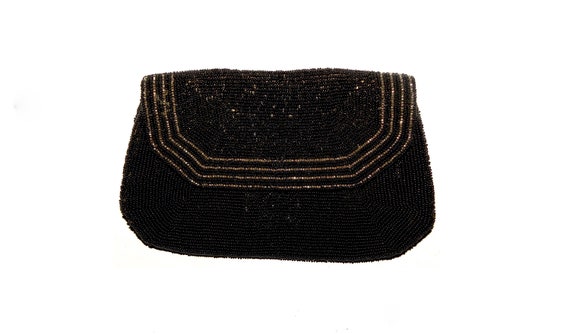30s 40s Black Beaded Silk Evening Bag | Small Clu… - image 1
