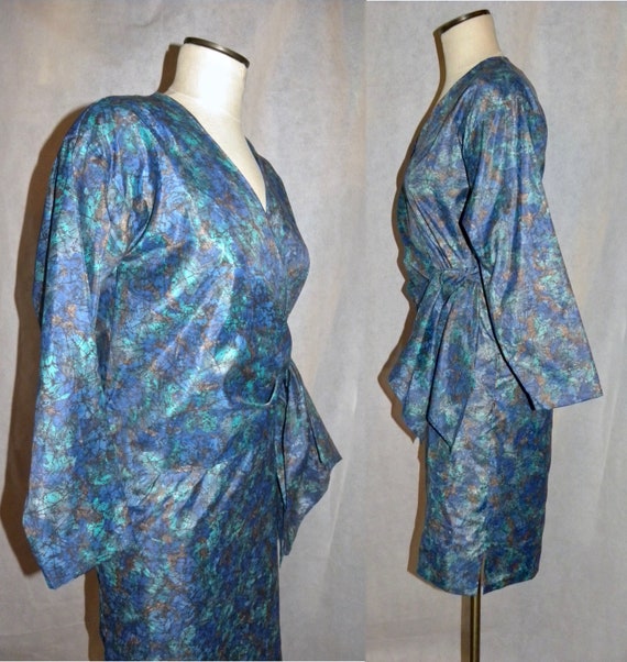 Vintage 60s Faux Wrap Dress | Mid Century Blue Gr… - image 4
