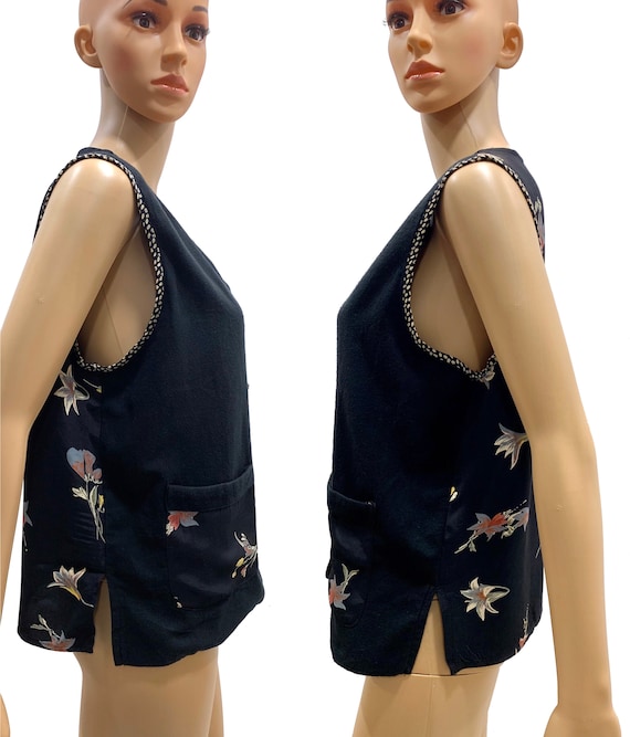 90s Oversized Rayon Vest with Floral Print on Bla… - image 2