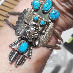 Navajo Indian DORIS SMALLCANYON cuff bracelet Kachina Dancer Sterling Silver Morenci Turquoise  Ornate Very Rare Pristine Size 6 1/2 Adjusts