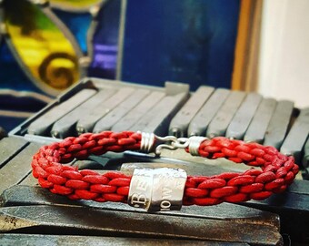 Bracelet in woven red leather with silver clasp and unique handstamped silver scroll. Be still and know. Perfect gift to inspire for her.