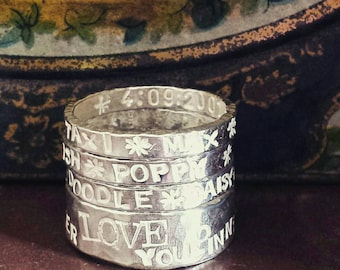 Silver ring bands with your own choice of words inside & out. Personalised - made to order - perfect gift for your love. Unique jewellery x