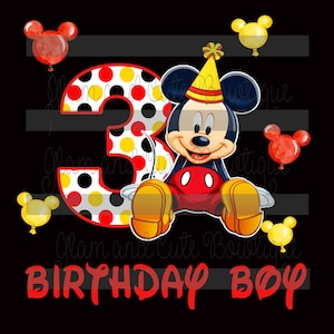 Anniversaire garçon, Mickey, trois ans, sublimation, image PNG, fichier DTF