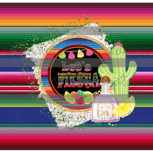 May include: A colorful digital illustration with a festive Mexican theme. The image features a green cactus, a bottle of tequila, and a circle with the text "Let's Fiesta". The background is a striped pattern reminiscent of a traditional Mexican blanket.