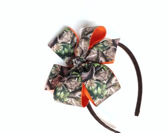 Girls Mossy Oak Camouflage Headband Teen Hair Accessory with Orange Ribbon Camo Hair Bow Green Brown Tan Camo Print With Brown Headband