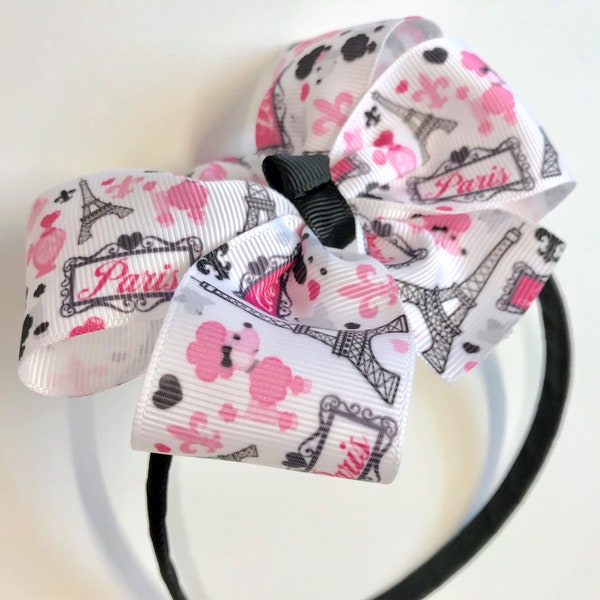 Girls Paris Theme Headband Black &  Pink Paris Eiffel Tower Hair Bow French Poodles