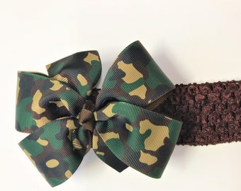 Newborn Girls Army Military Camouflage Hair Bow on Brown Headband Baby Camo Hair Bow Toddler Girl Hair Accessories