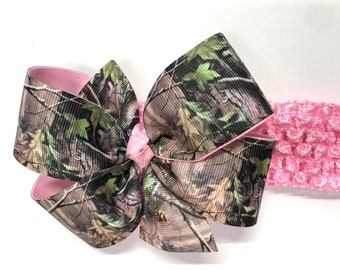 Girls Pink Mossy Oak Brown Green Tan Camouflage Hair Bow on Crochet Headband Baby Camo Hair Bow Toddler Girl Hair Accessories