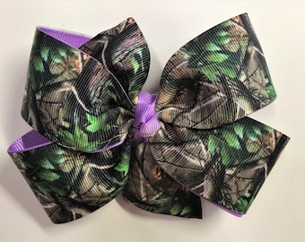 Girls Mossy Oak Camouflage Hair Bow With Purple Ribbon Camo Hair Clip Girls Hair Accessories