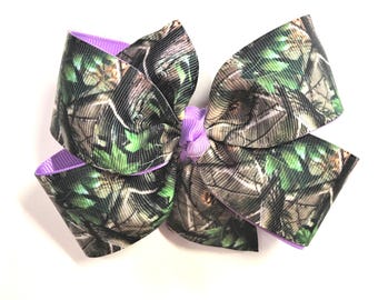 Girls Mossy Oak Camouflage Hair Bow With Purple Ribbon Camo Hair Clip Girls Hair Accessories