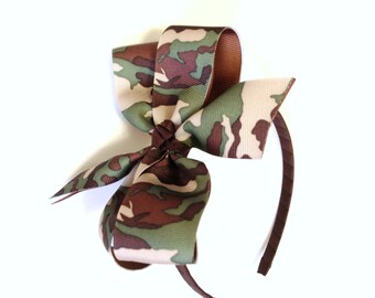 Girls Camouflage Headband Teen Hair Accessory Camo Hair Bow Green Brown Tan Camo Print Headband