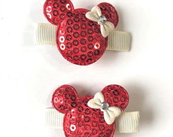 Minnie Mouse Hair Clips Girls Disney Minnie Mouse Set of 2 Clips Red Sequin Mouse Ears