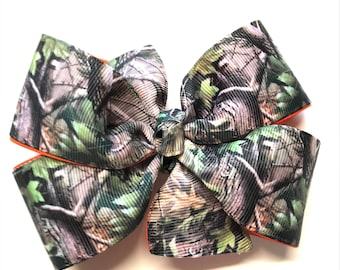 Girls Brown Green Tan Mossy Oak Camouflage Hair Bow With Orange Ribbon Camo Hair Clip Girls Hair Accessories
