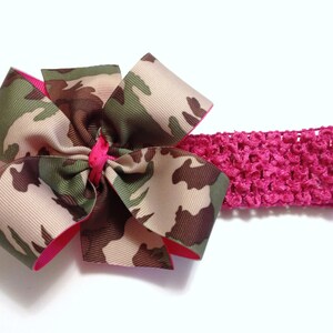 Girls Hot Pink Brown Green Tan Camouflage Hair Bow on Crochet Headband Camo Hair Bow Baby Toddler Girl Hair Accessories