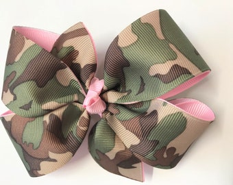 Girls Camouflage Hair Bow Teen Hair Accessory Camo Hair Clip Brown Green Tan Camo Hair Bow With Pink Ribbon