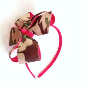 Girls Camouflage Headband Teen Hair Accessory Camo Hair Bow Green Brown Tan Camo Print With Hot Pink Headband