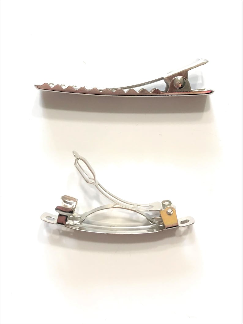 May include: Two silver-colored metal hair clips. One is a crocodile clip with a toothed edge, and the other is a barrette clip with a curved design. Both clips are on a white background.