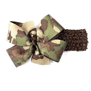 Girls Brown Green Tan Camouflage Hair Bow on Crochet Headband Camo Hair Bow Baby Toddler Girl Hair Accessories