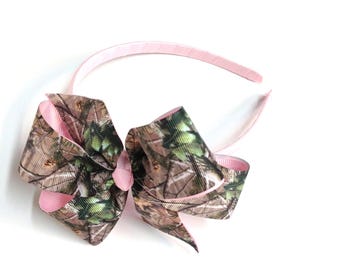Girls Mossy Oak Camouflage Headband Teen Hair Accessory Camo Hair Bow Green Brown Tan Camo Print With Girls Pink Headband