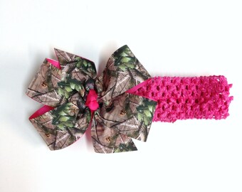 Girls Hot Pink Mossy Oak Brown Green Tan Camouflage Hair Bow on Crochet Headband Camo Hair Bow Baby Toddler Girl Hair Accessories