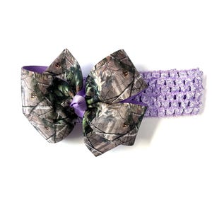 Girls Mossy Oak Brown Green Tan Camouflage Hair Bow on Purple Crochet Headband Baby Camo Hair Bow Toddler Girl Hair Accessories