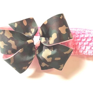 Girls Army Military Brown Green Tan Camouflage Hair Bow on Pink Headband Baby Camo Hair Bow Toddler Girl Hair Accessories