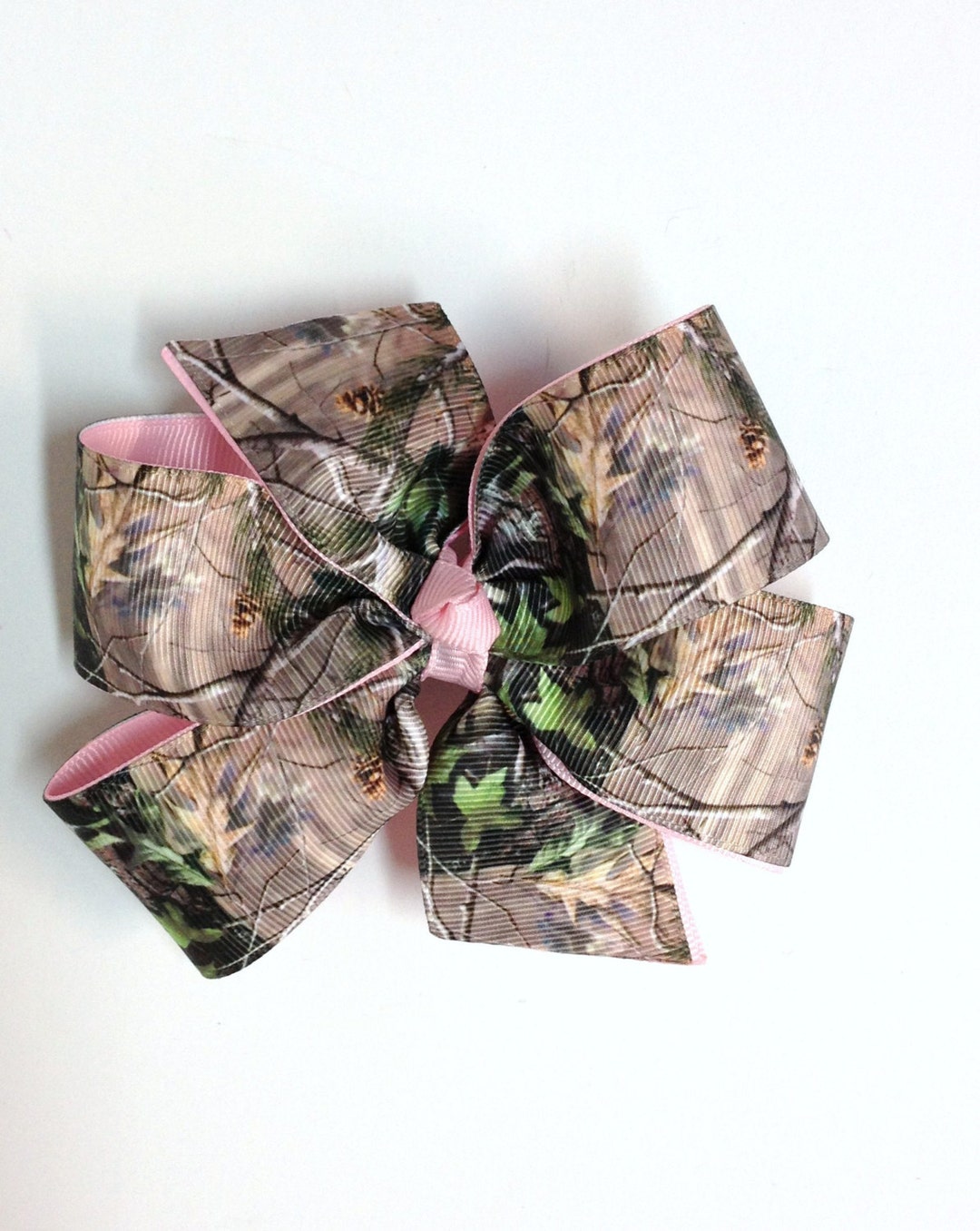Girls Brown Green Tan Mossy Oak Camouflage Hair Bow With Pink Ribbon