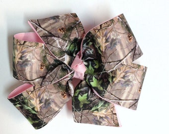 Girls Brown Green Tan Mossy Oak Camouflage Hair Bow With Pink Ribbon Camo Hair Clip Girls Hair Accessories
