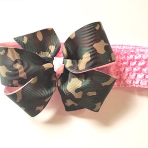 Girls Army Military Brown Green Tan Camouflage Hair Bow on Pink Headband Baby Camo Hair Bow Toddler Girl Hair Accessories
