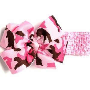 Baby Girls Pink Brown Military Camouflage Hair Bow on Crochet Headband Toddler Girl Pink Camo Hair Bow