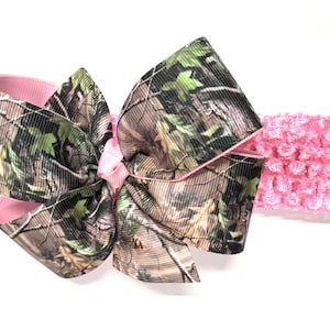 Girls Pink Mossy Oak Brown Green Tan Camouflage Hair Bow on Crochet Headband Baby Camo Hair Bow Toddler Girl Hair Accessories