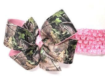 Girls Pink Mossy Oak Brown Green Tan Camouflage Hair Bow on Crochet Headband Baby Camo Hair Bow Toddler Girl Hair Accessories
