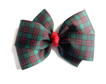 Girls Christmas Green Red Tartan Plaid Hair Bow 5" Holiday Hair Clip