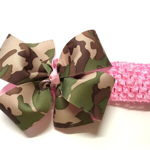 Girls Military Brown Green Tan Camouflage Hair Bow on Pink Headband Baby Camo Hair Bow Toddler Girl Hair Accessories
