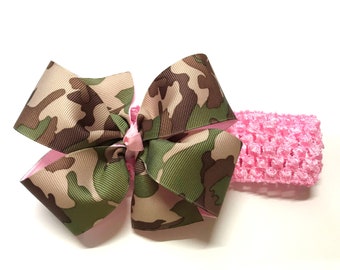 Girls Military Brown Green Tan Camouflage Hair Bow on Pink Headband Baby Camo Hair Bow Toddler Girl Hair Accessories