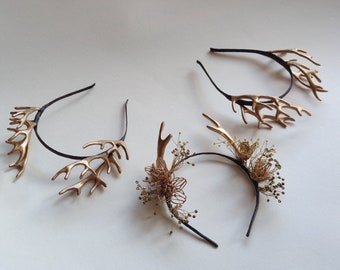 Gold Reindeer Antler Headbands, Woodland Bridal Party Hair Accessory Set