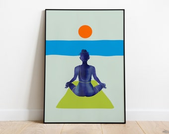 Minimalist Beach Yoga Print, Coastal Meditation Wall Art (Digital Download)