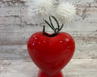 Vintage Red Heart Vase: Mid-Century Ceramic Planter #7088