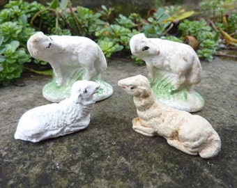 4 Miniature Sheep Lamb Chalkware Plaster Vintage Putz Nativity Easter Animal Terrarium Fairy Garden Toy Craft Supply Lot Barn (#2249)