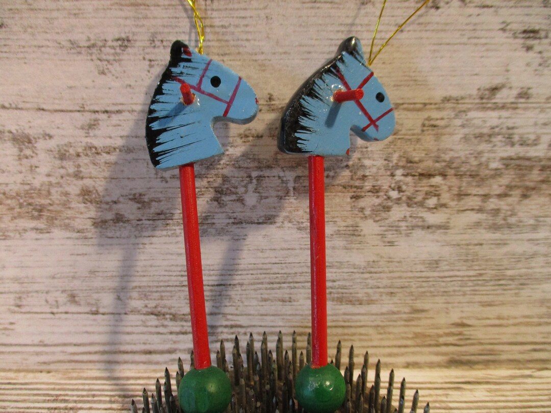 2 Vintage Hobby Horse Ornament Rocking Stick Wood Miniature Etsy