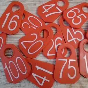 11-80 (ONE) Vintage Cattle Cow Livestock Animal Tag Key Fob Key Chain Red Farm Identification Steampunk Supply (#4843)