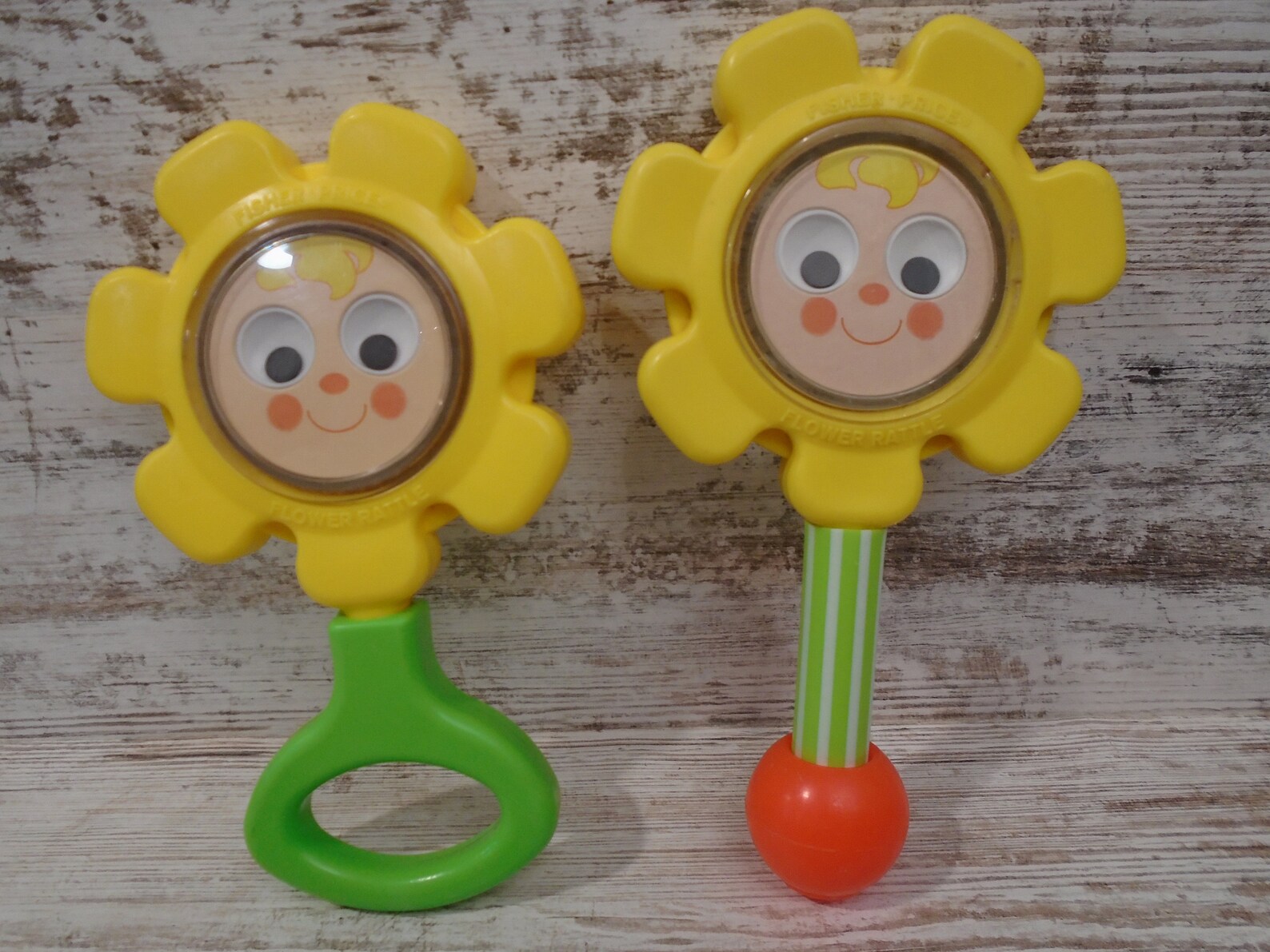 2 Vintage Fisher Price Flower Baby Rattles Smile Wiggle Googly Etsy
