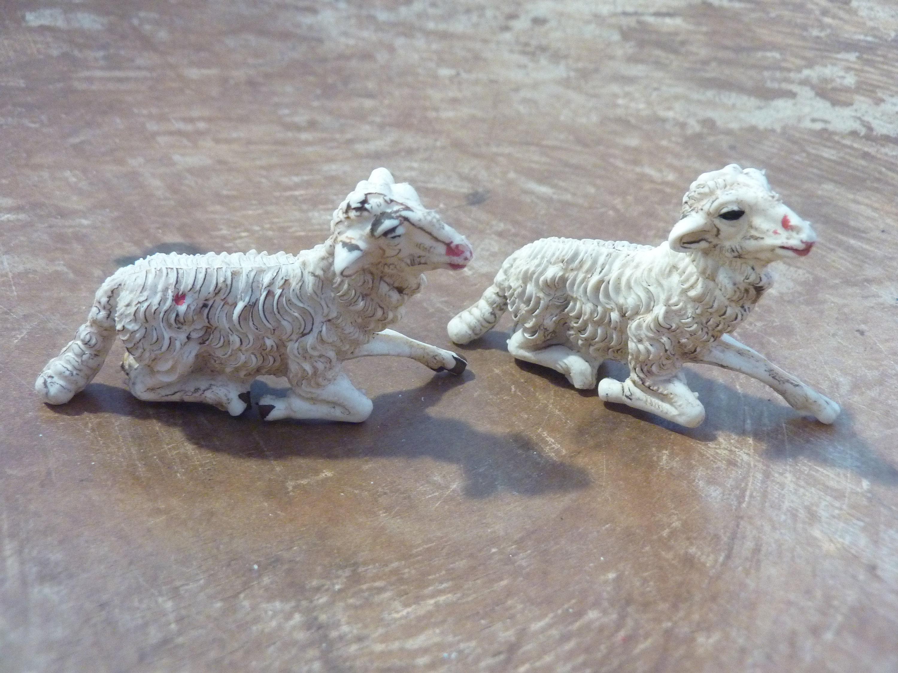 2 Miniature Sheep Lamb Figures: Vintage, Nativity Putz Supply
