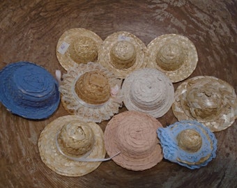 10 Miniature Straw Hats: Doll, Rattan, Wicker, Woven, Craft Supply #4306