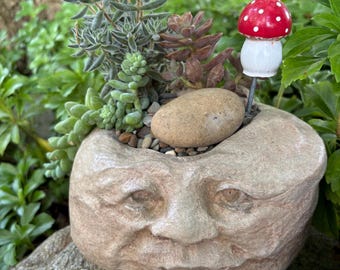 Hand-Cast Concrete Funny Face Planter, Succulent Pot, Garden Art, Stone Pot, Indoor Outdoor Decor