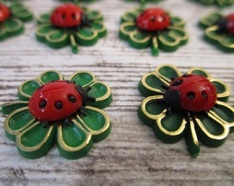 5 Ladybug Shamrocks Four Leaf Clovers Vintage Miniature Cabachon West Germany Craft Assemblage Supply (#6383)